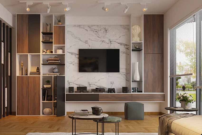 TV WALL WITH SHELVES AND MIRROR
