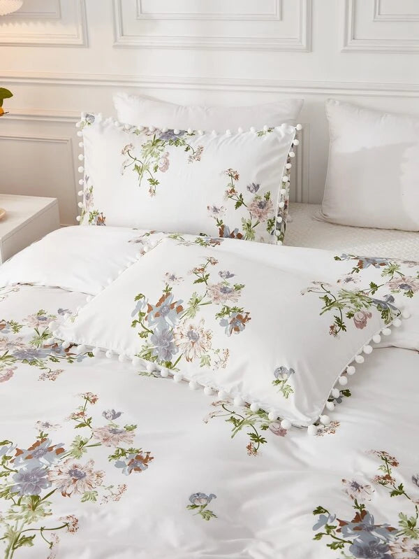 Floral Pattern Pom Pom Trim Duvet Cover Set Without Filler