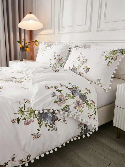 Floral Pattern Pom Pom Trim Duvet Cover Set Without Filler