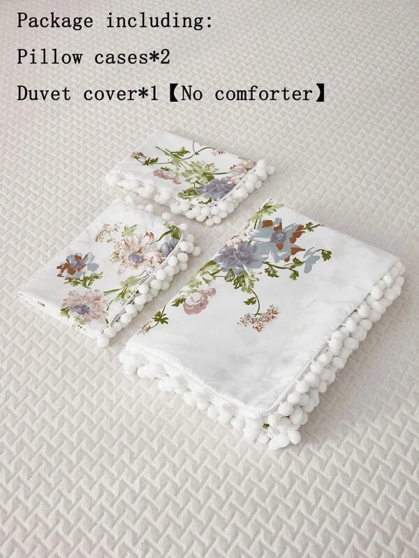 Floral Pattern Pom Pom Trim Duvet Cover Set Without Filler