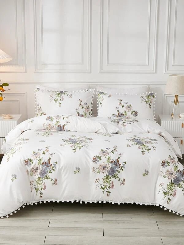 Floral Pattern Pom Pom Trim Duvet Cover Set Without Filler