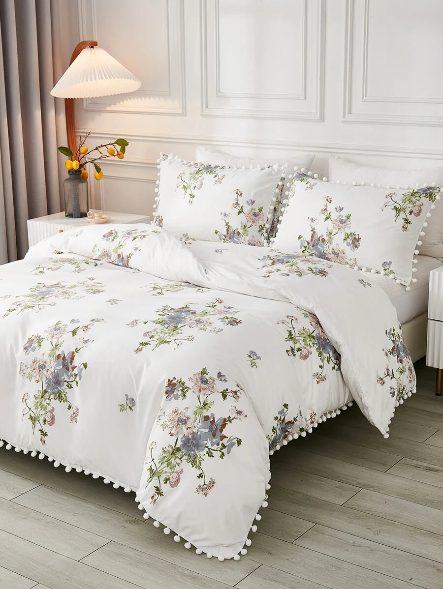 Floral Pattern Pom Pom Trim Duvet Cover Set Without Filler