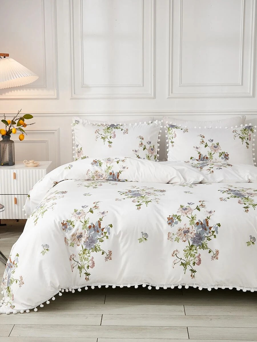 Floral Pattern Pom Pom Trim Duvet Cover Set Without Filler