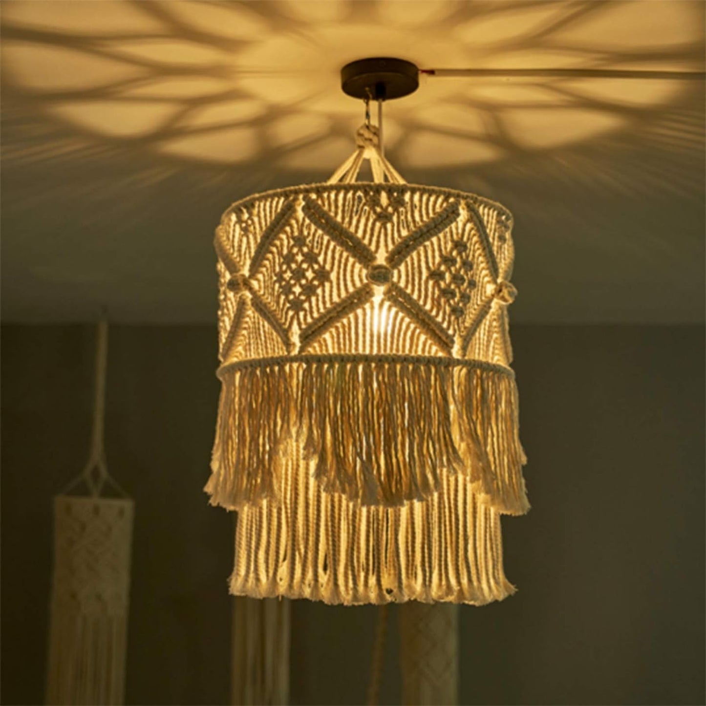 Boho Macrame Lantern Lamp Shade with Bulb