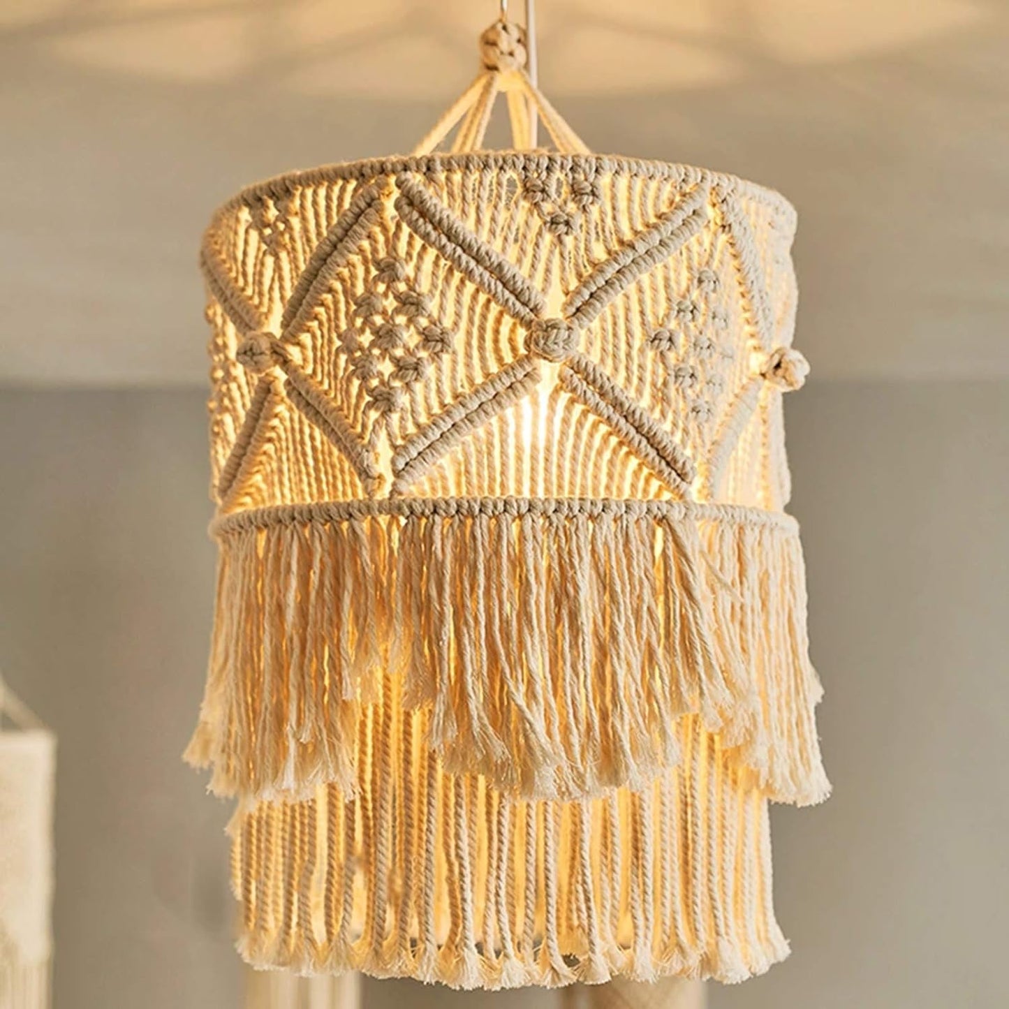 Boho Macrame Lantern Lamp Shade with Bulb