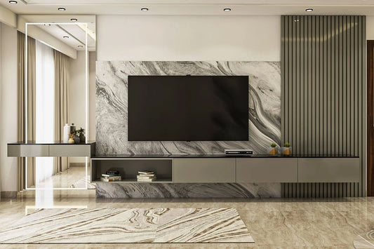 TV WALL WITH SHELVES AND MIRROR